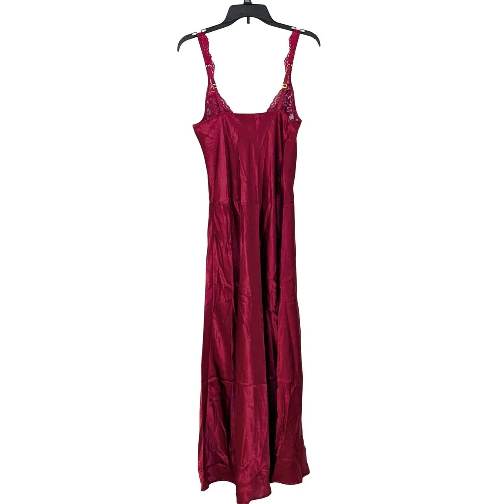 Vintage Victorias Secret Gold Label Satin‎ Lace Maxi Nightgown Wine Red Medium